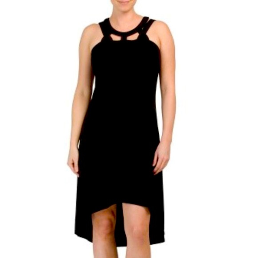 Cupio little black dress with strappy neck and back halter design. Shelf bra.